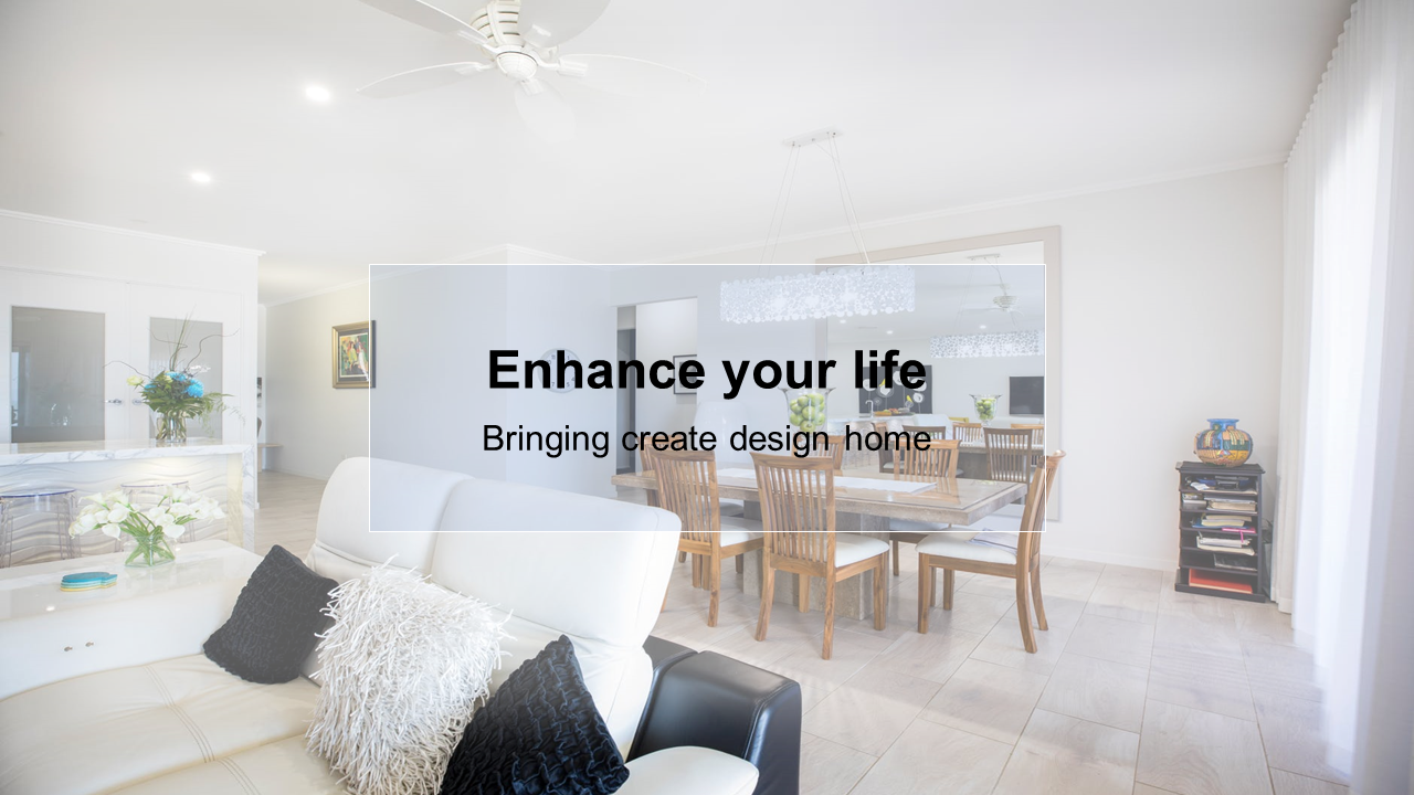 Bright living dining space with white walls, light flooring, and a centered transparent text box overlay.