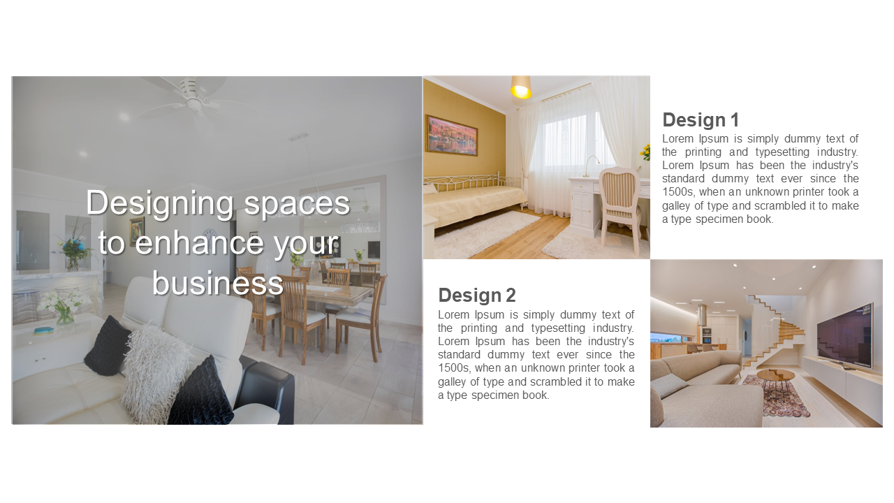 Balanced layout featuring a dimmed background with three smaller, colorful room designs aligned vertically in white space.