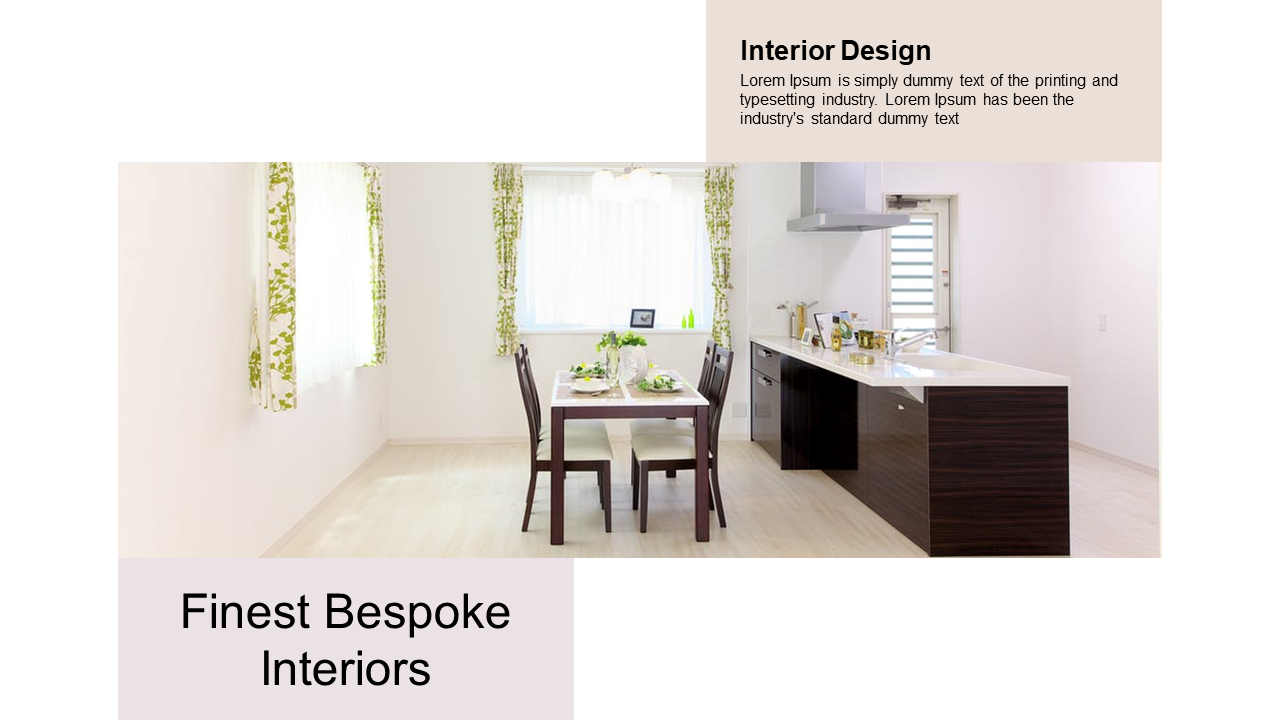 Bright interior layout with green curtains, central dining table, brown cabinets, and soft beige text blocks.