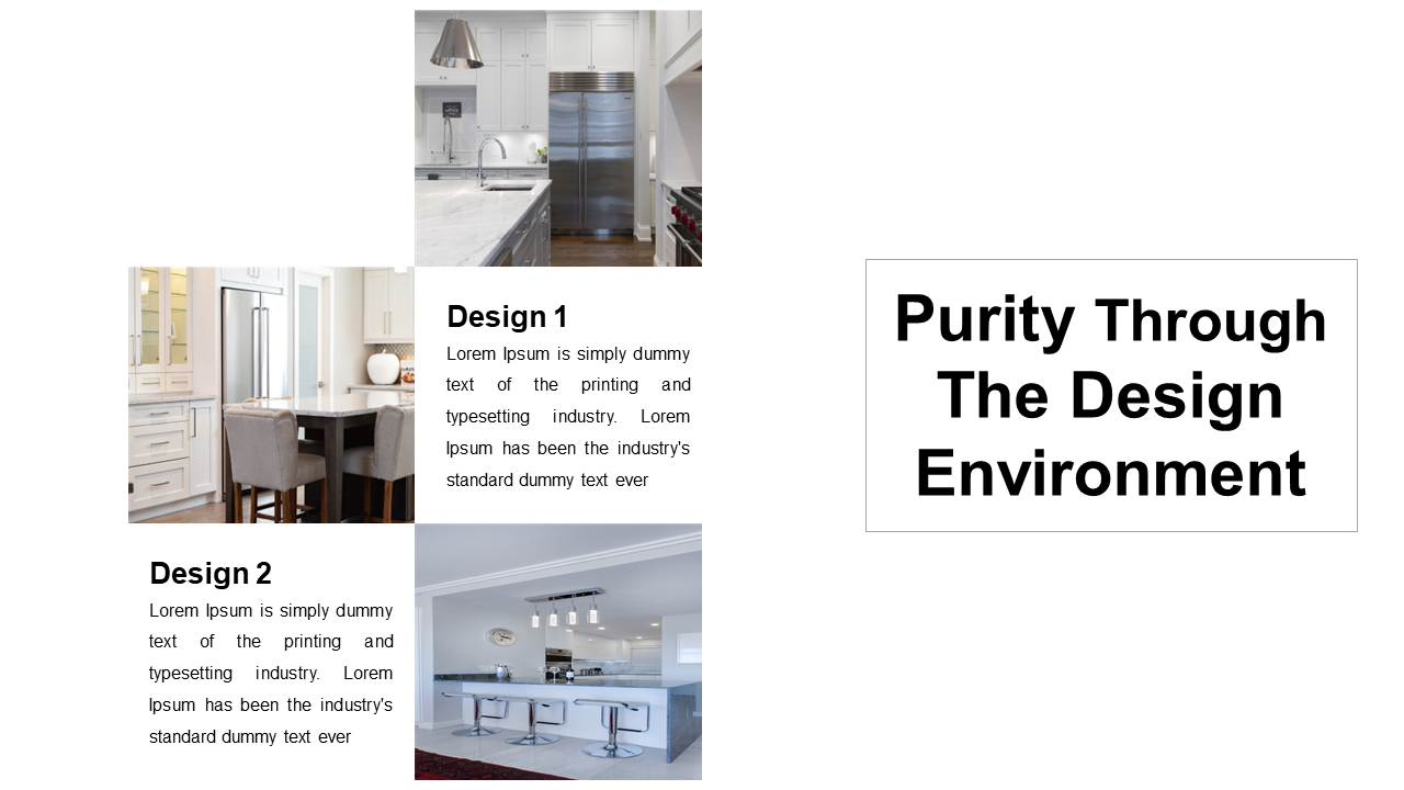 Three image grid layout on left with kitchen photos and text, and white title box on right with bold black font.