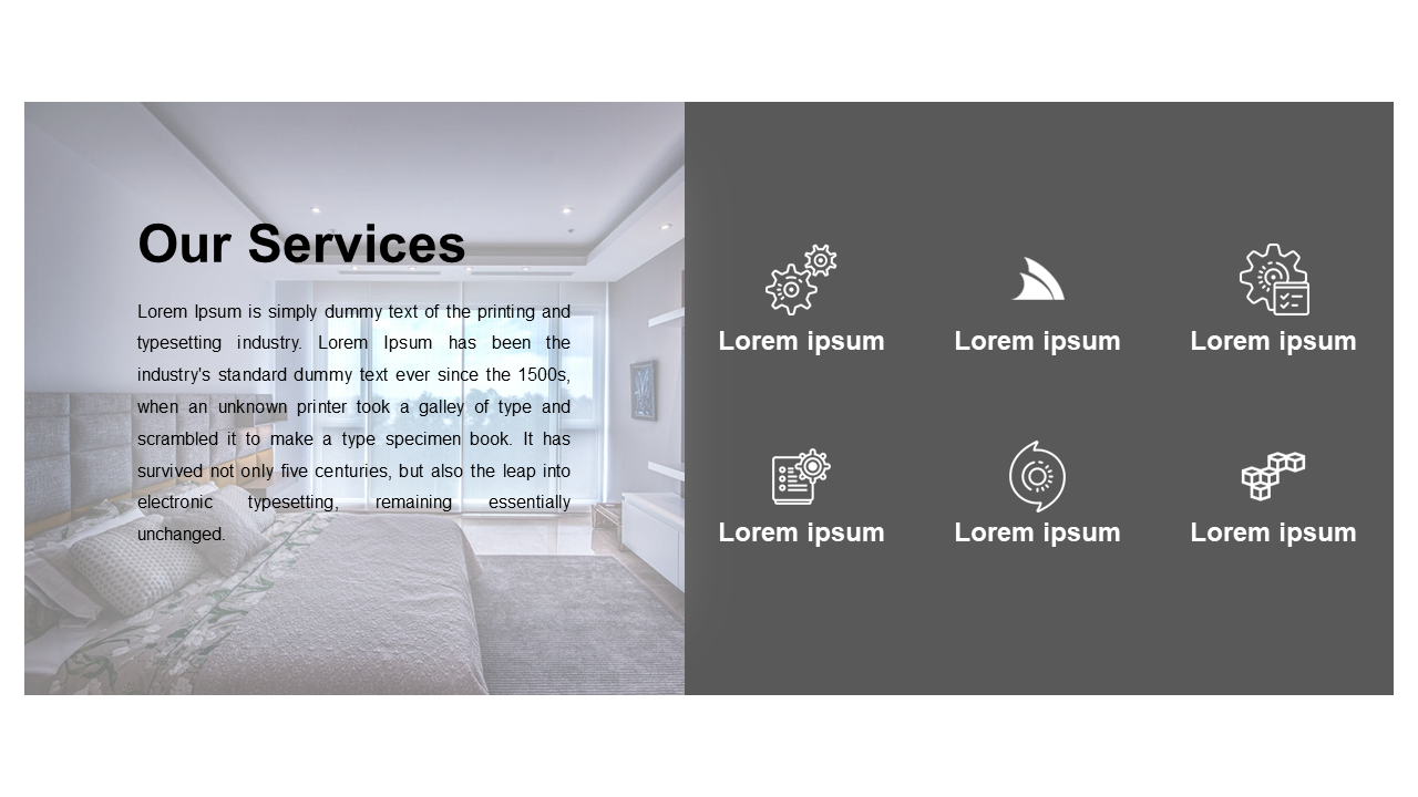Split layout with left bedroom photo and right side dark gray grid showing six white icons and labels in two rows.
