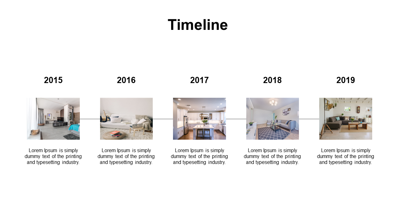 Interior design timeline layout with five square images from 2015 to 2019, on a white background and centered black text.