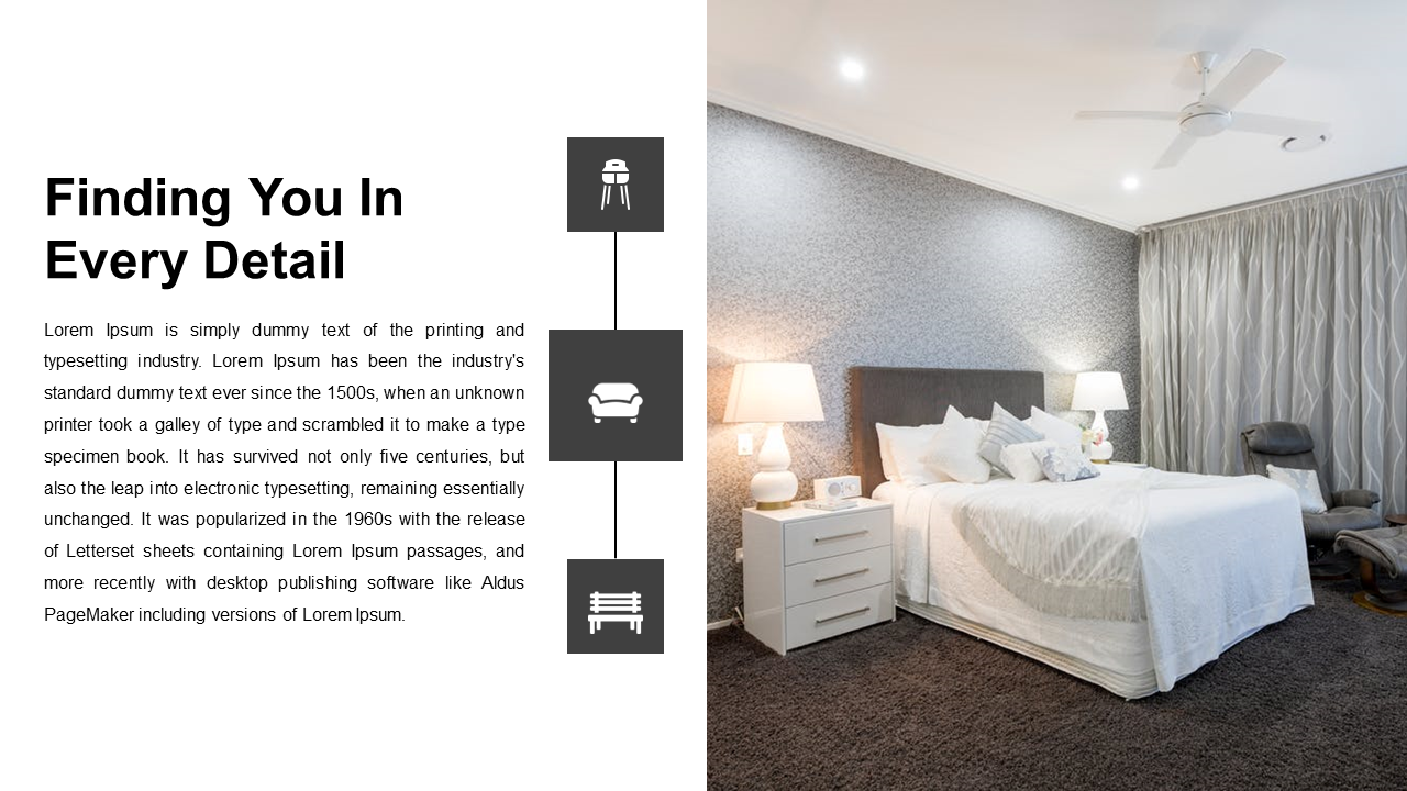 Slide with white left panel featuring black square icons in a vertical line, and softly lit room with a bed and nightstand.