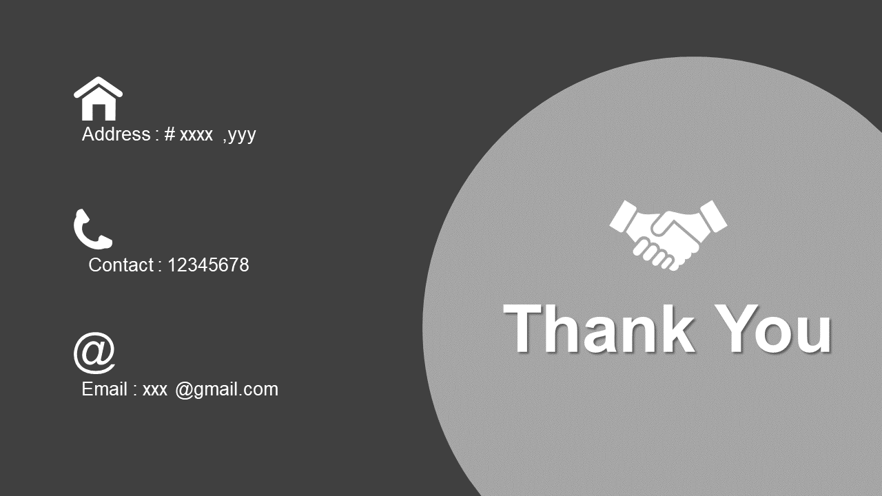 Slide with handshake icon inside a large gray circle, and left aligned white icons for contact info on dark background.