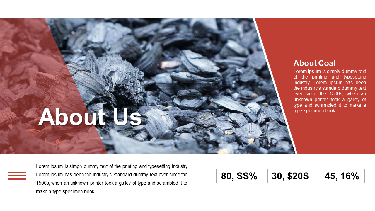 Tri section layout with dark coal texture background, red overlay on left and right, and white text on clean space below.