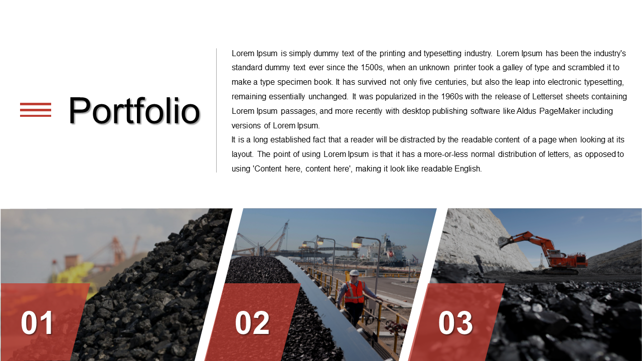Portfolio slide with text block on top and three slanted coal themed photos, each labeled 01 to 03 with red overlays.