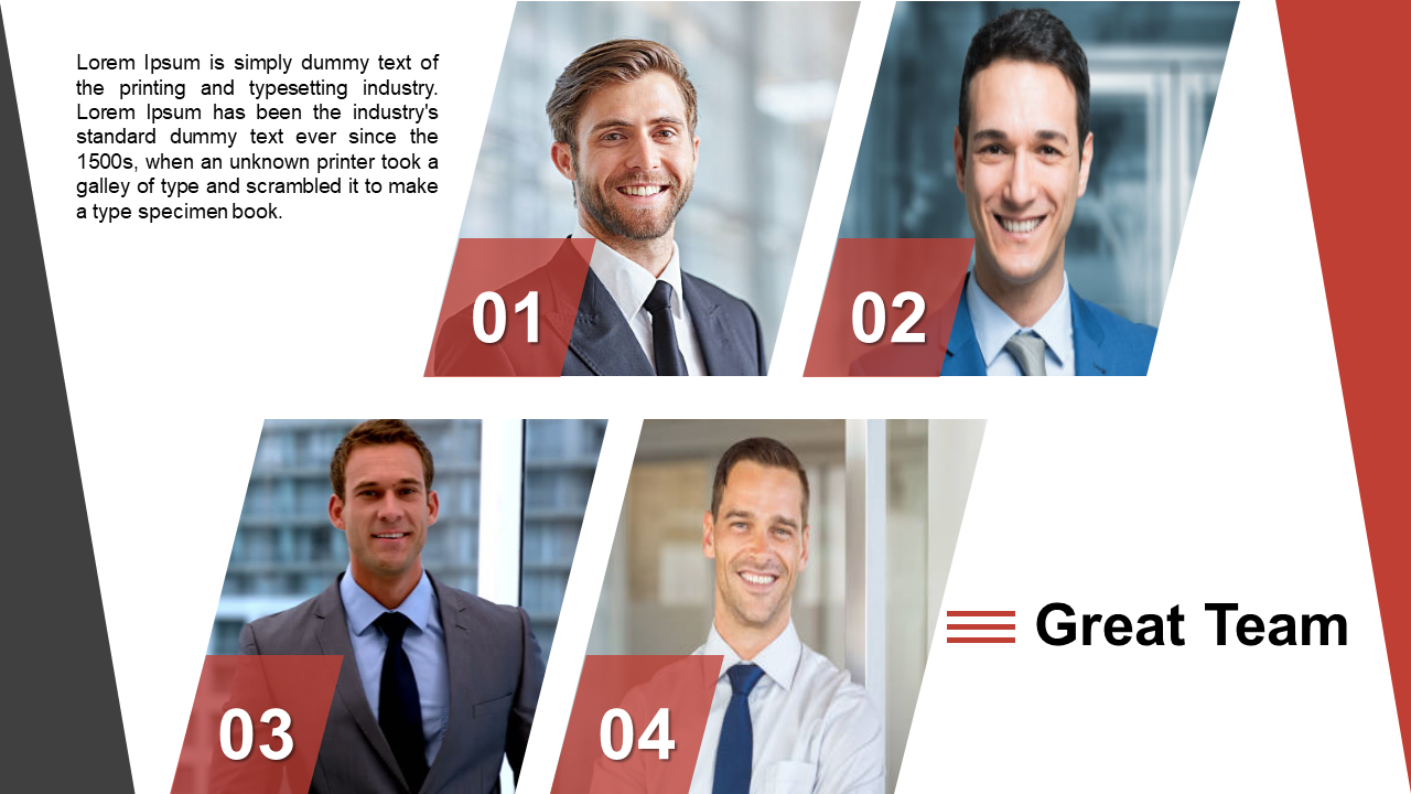 Four angled team photos in a grid with red number tags, and left aligned text, on a red and black accents.