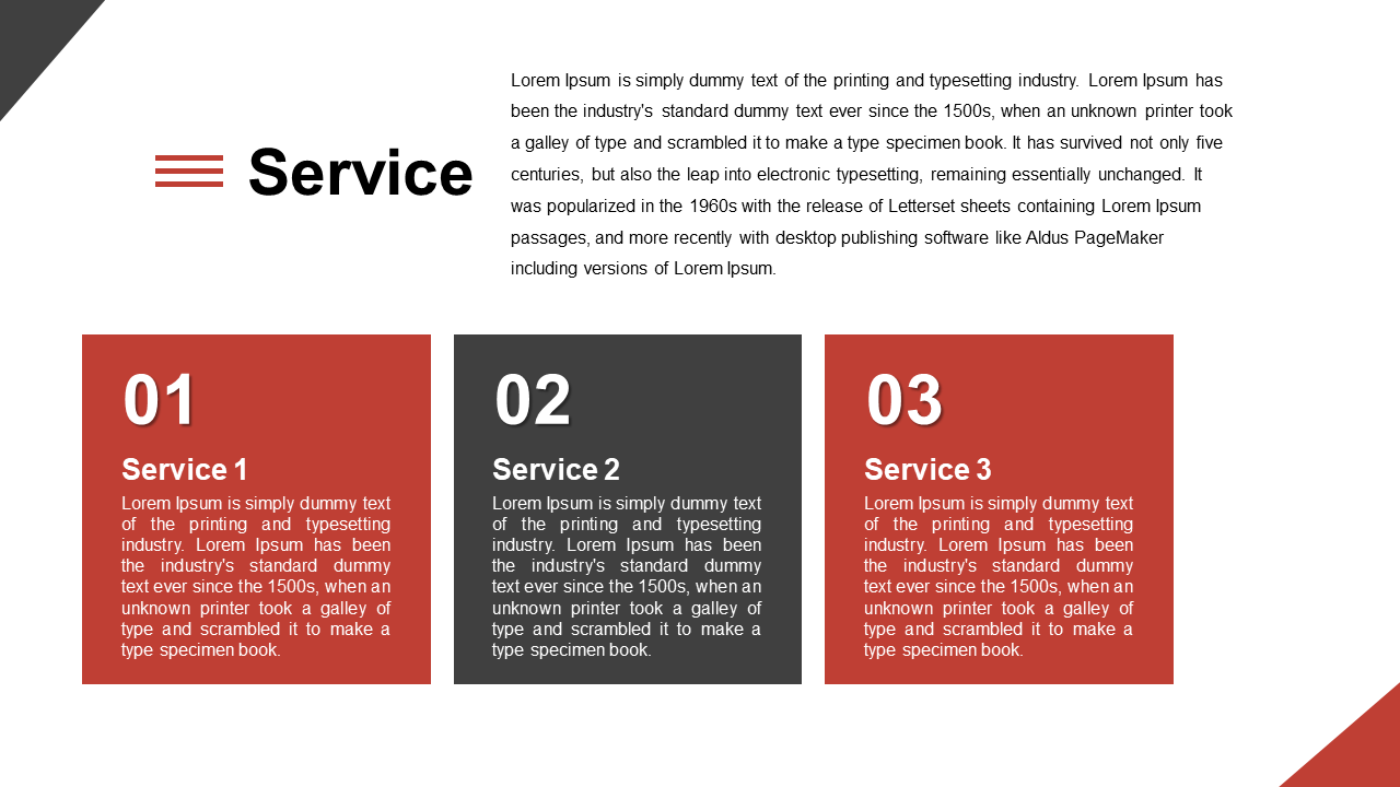 Three column layout with red and dark gray blocks, featuring numbered services, and bold heading above.