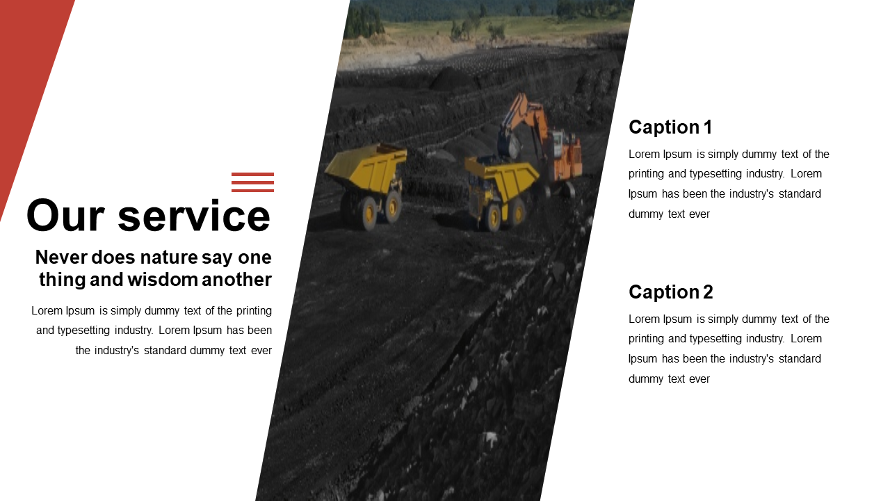 Split layout with bold text, central diagonal mining image, and two captions on th right, set on a clean background.
