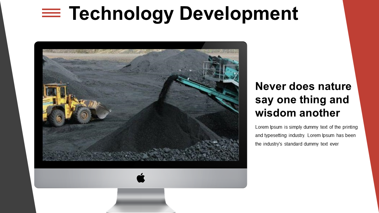 Slide with monitor frame showing mining scene, angled red and gray borders, and right aligned text block.
