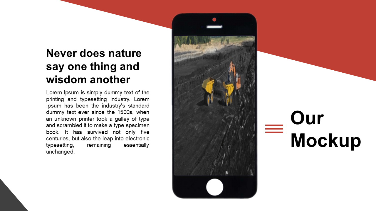 Smartphone mockup centered with mining image, red and white angled background, with text on left.
