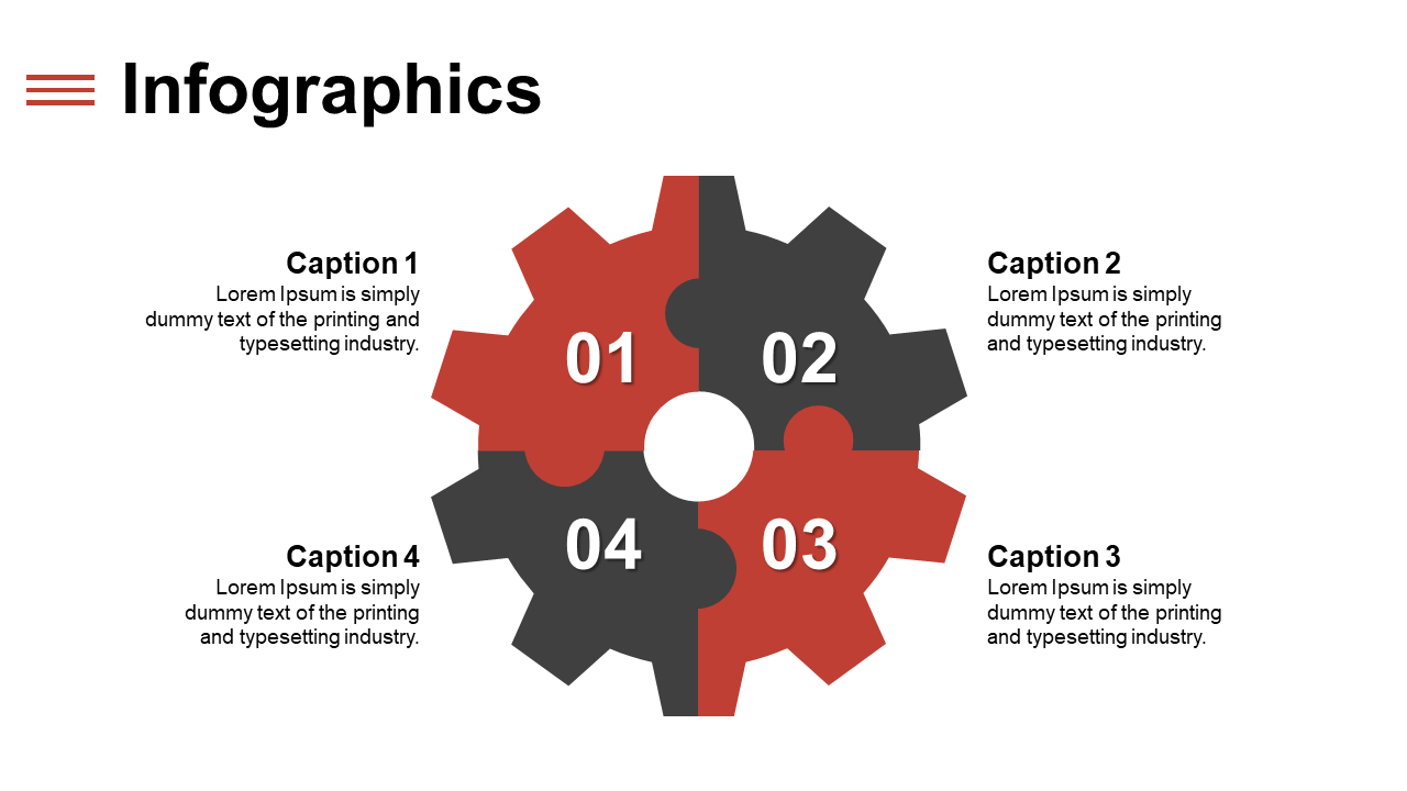 Gear shaped infographic in red and black with four numbered segments and captions placed around it.