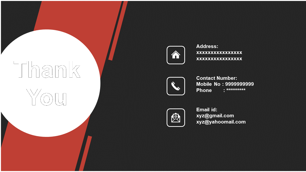 Dark themed layout with red diagonal stripes, a large white circle with thank you text, and three contact icons on the right.
