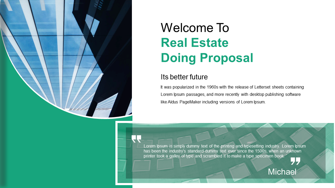 Split layout with a rounded glass ceiling photo on green, right white space with heading, and a transparent quote box below.