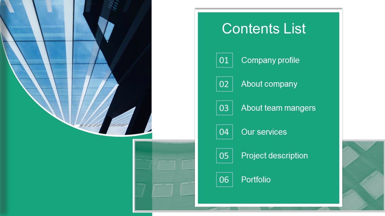 Green slide layout with white content box listing six numbered items, and a curved architectural photo on the left.