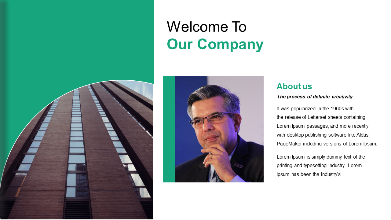Green and white split layout with curved building photo on left, square portrait in center, and text content on the right.