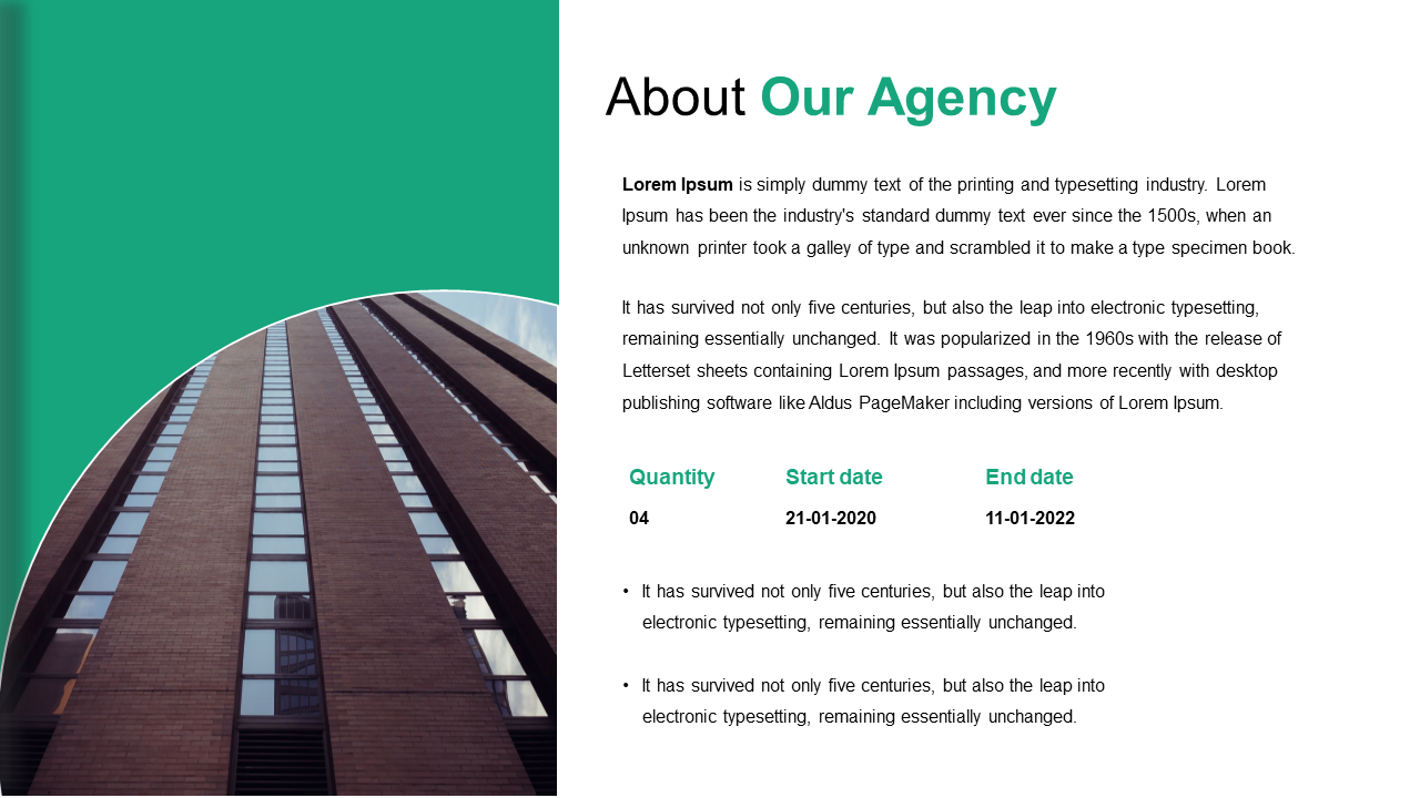 Green and white split layout with curved building photo on left, text and timeline table on right under bold header.