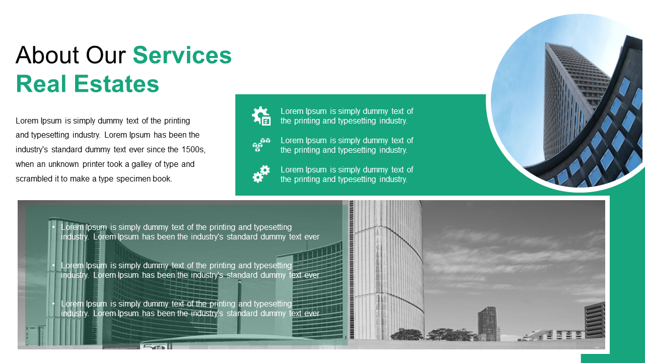 Green accented slide with circular building image on top right, text on left, and icons with descriptions in a box.