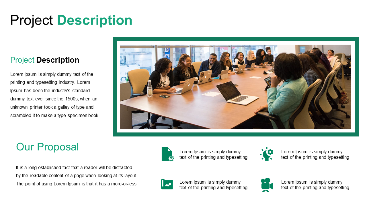Green accented slide with bold title, framed photo of meeting, text blocks, and four icons with captions at the bottom.