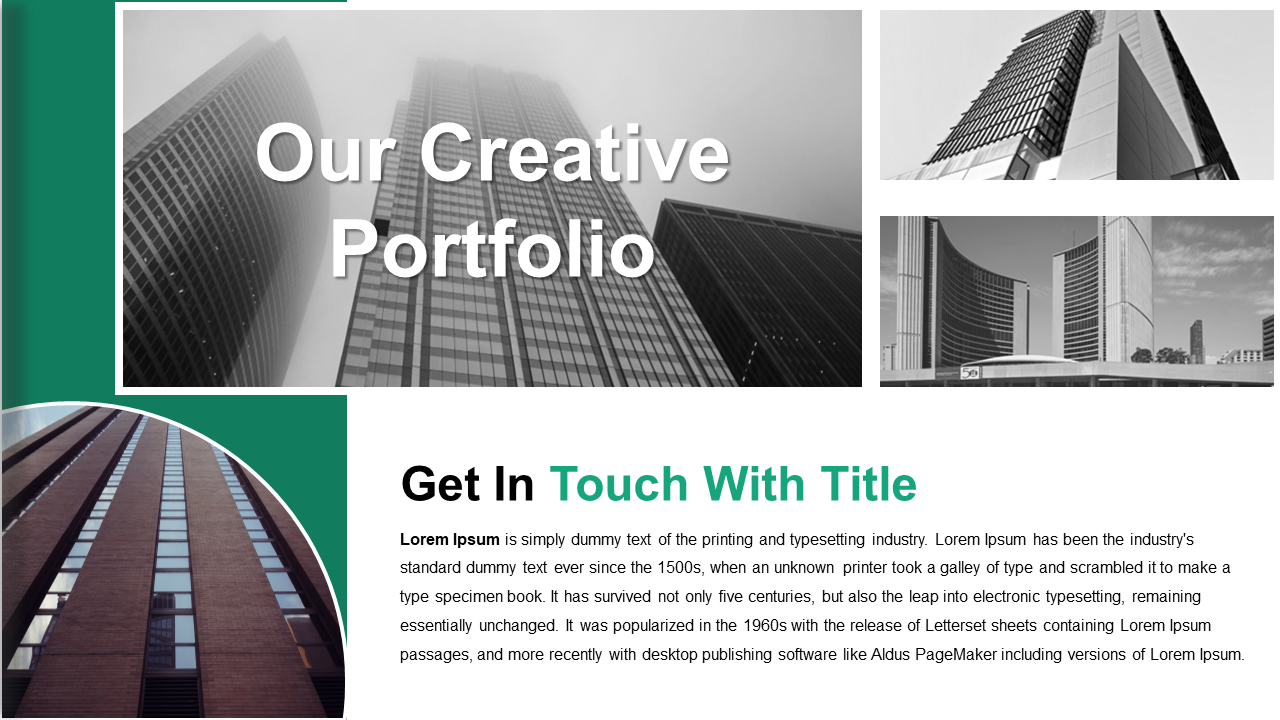 Green accented layout with grayscale skyscraper images, bold white title, and curved photo element in the bottom left.