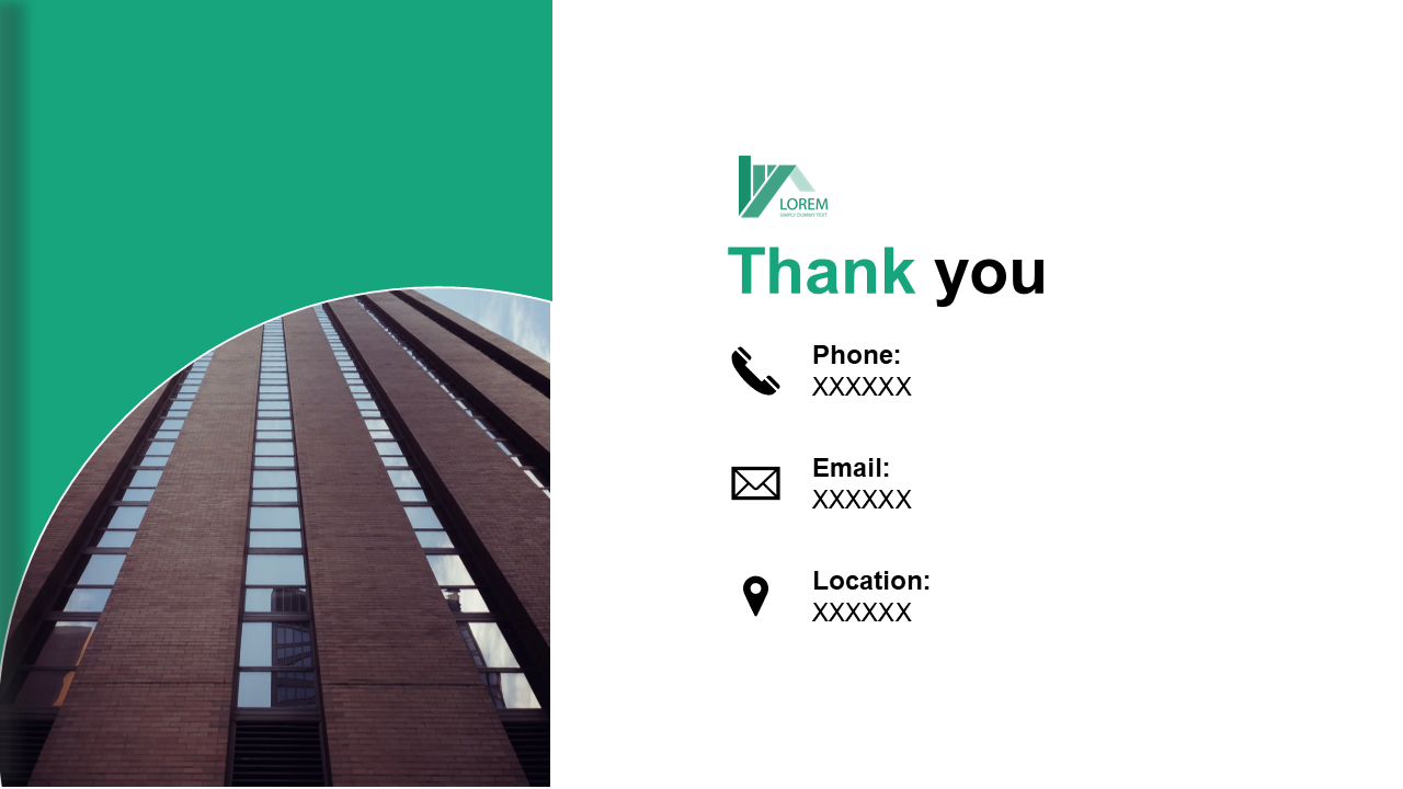 Thank you slide with a teal left section featuring curved building image, and contact icons aligned on a white background.
