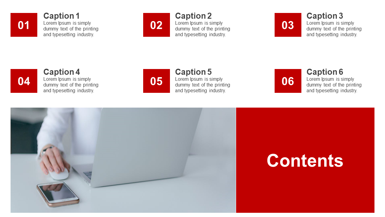 Grid layout with six numbered red square icons, and a split footer with a box and grayscale photo of hands on a laptop.