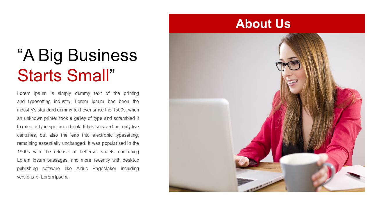 Split layout with white left panel for text and right showing a woman working at a laptop in a red blazer.