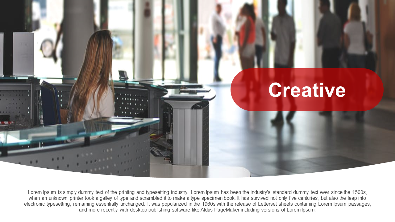 Office reception with curved glass desk, red rounded rectangle overlay, and bottom aligned white content block.