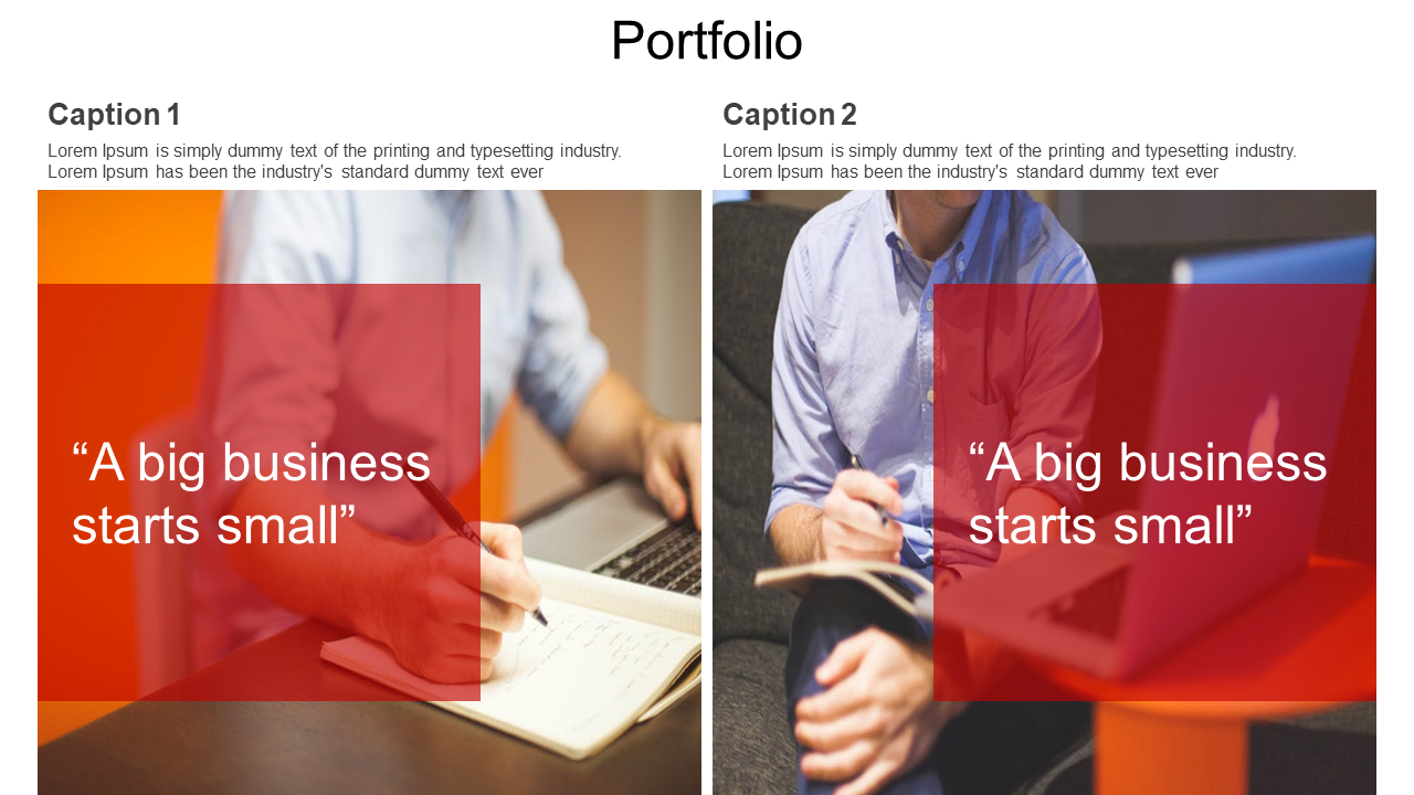 Two column layout with red tinted quote boxes over photos of people writing, and two text at the top, on a white backdrop.