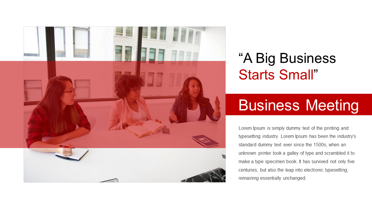 Two column layout with a meeting scene under a red overlay on the left and bold title and text on the right.