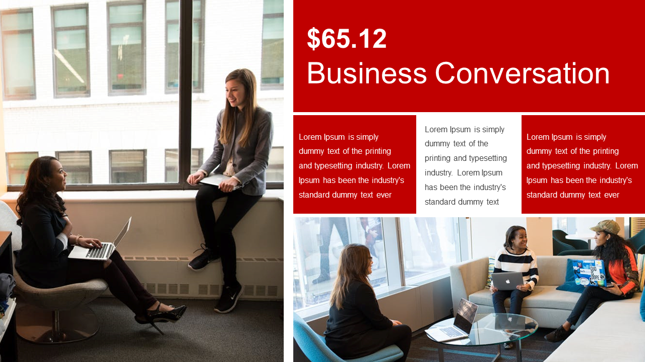 Split layout featuring two business photos, and three text boxes in red and white beneath a bold title section.