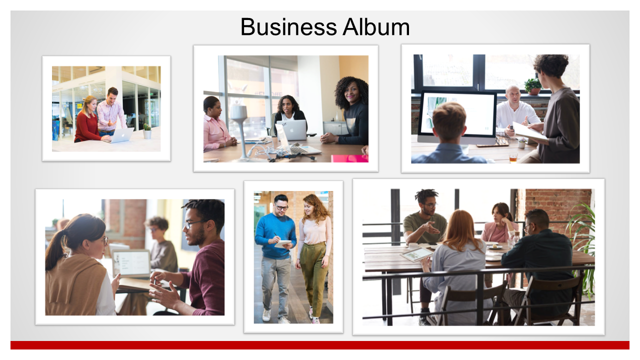 Six framed photos in a grid on a light gray background, each showing business meetings and casual team interactions.