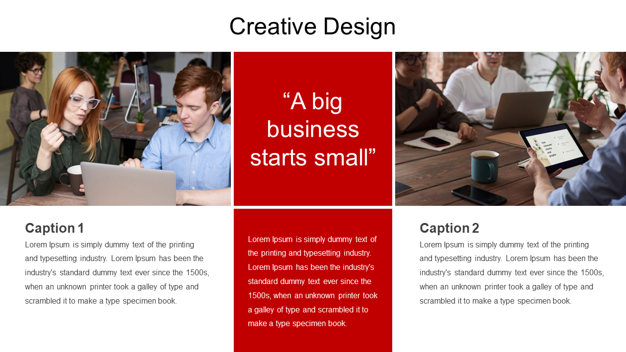 Split layout with two team photos on white backdrop, bold red center block with business quote and text below.