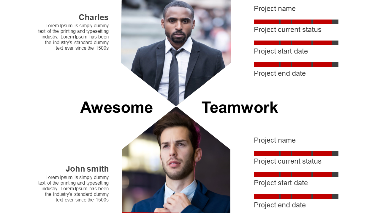Slide features two profile photos in diamond frames, with black text blocks and horizontal red progress bars on the right.