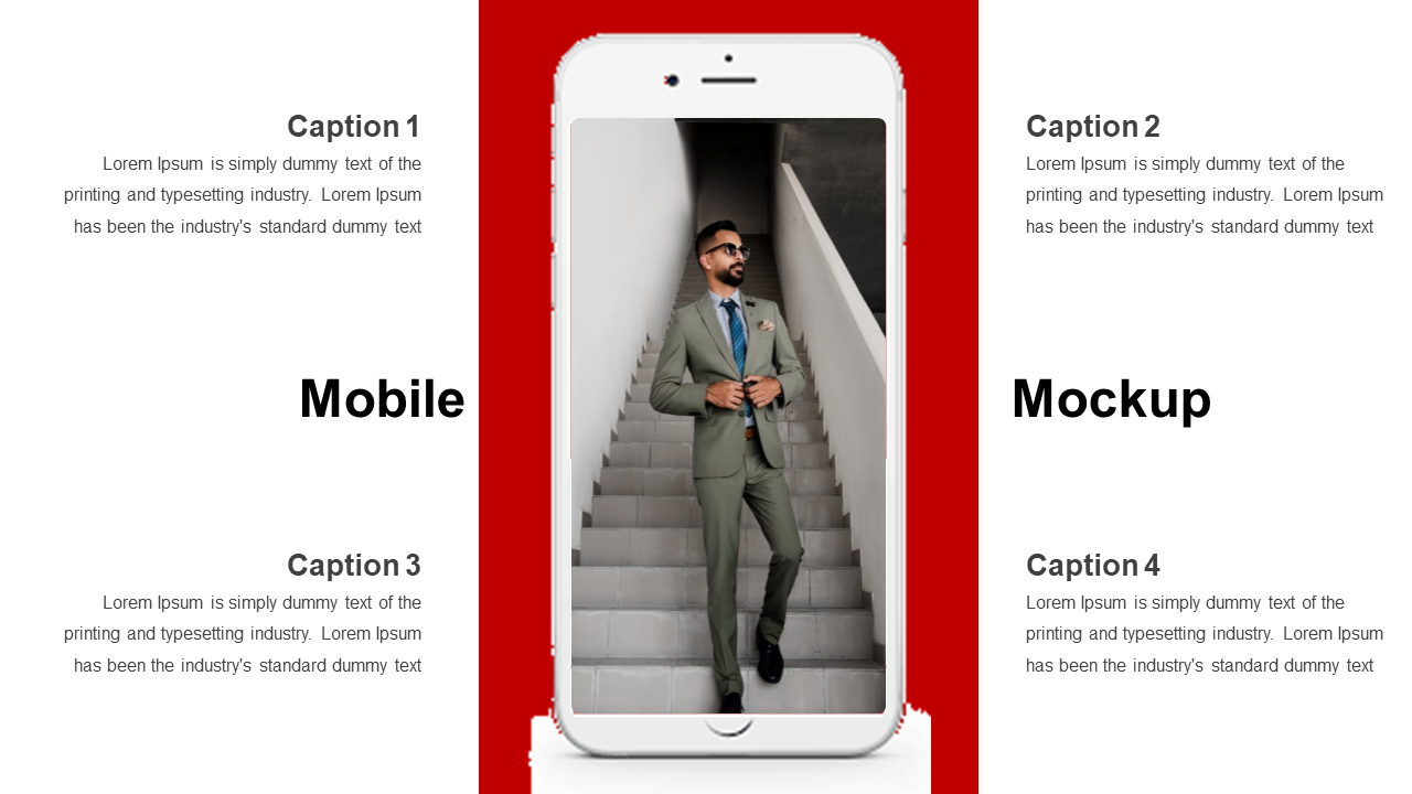 Centered phone mockup on red panel showing man in a suit, with four caption blocks in black text on white background.
