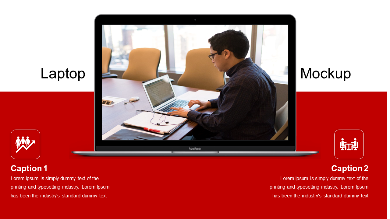 Laptop screen in the center shows a man working, flanked by red panels with two icons and captions below.
