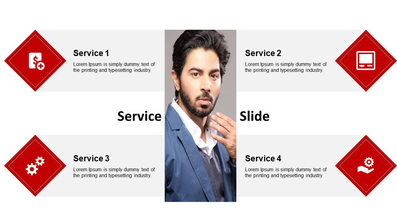 Centered portrait photo with four red diamond shaped icons and service descriptions placed at each corner.