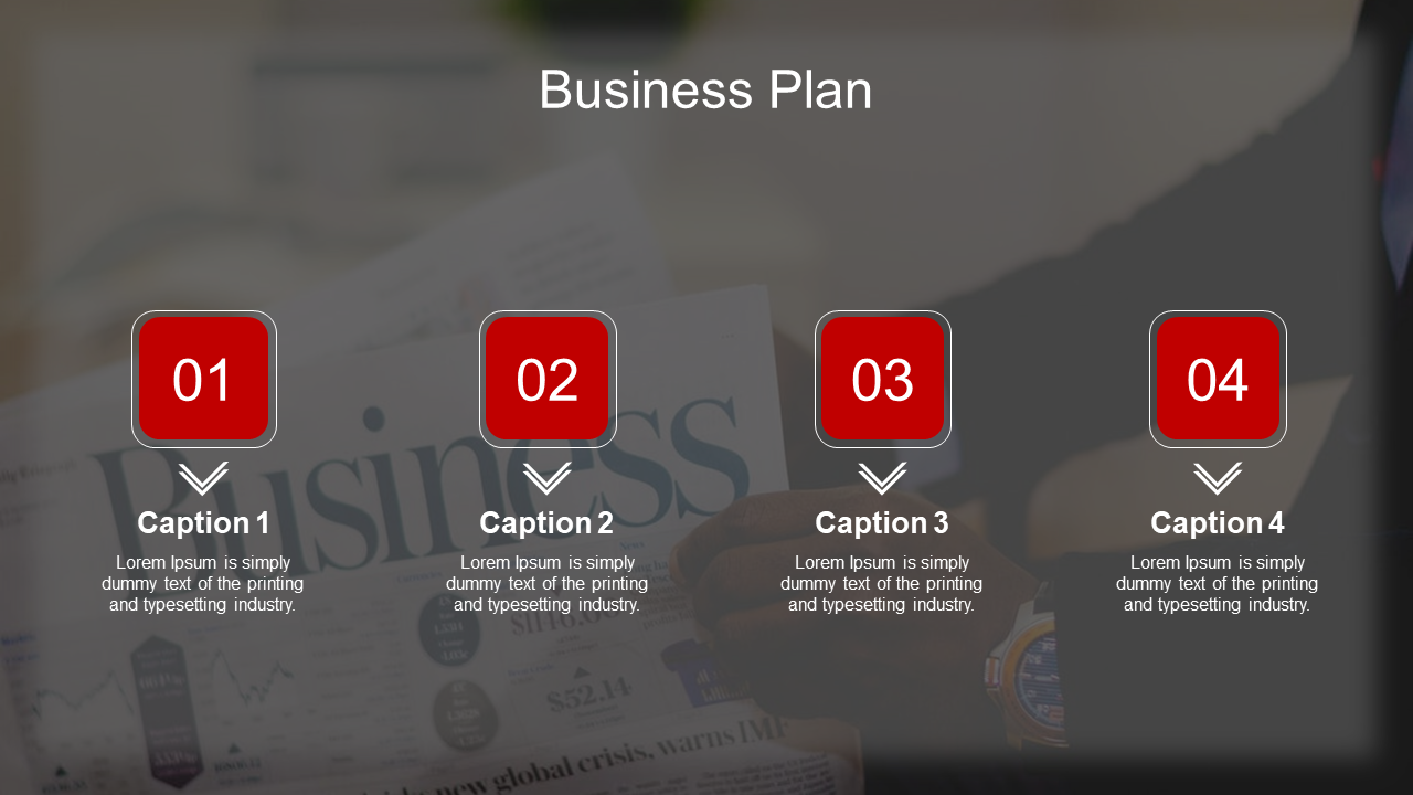 Four red square icons with numbers and captions below, arranged horizontally over a blurred business newspaper background.