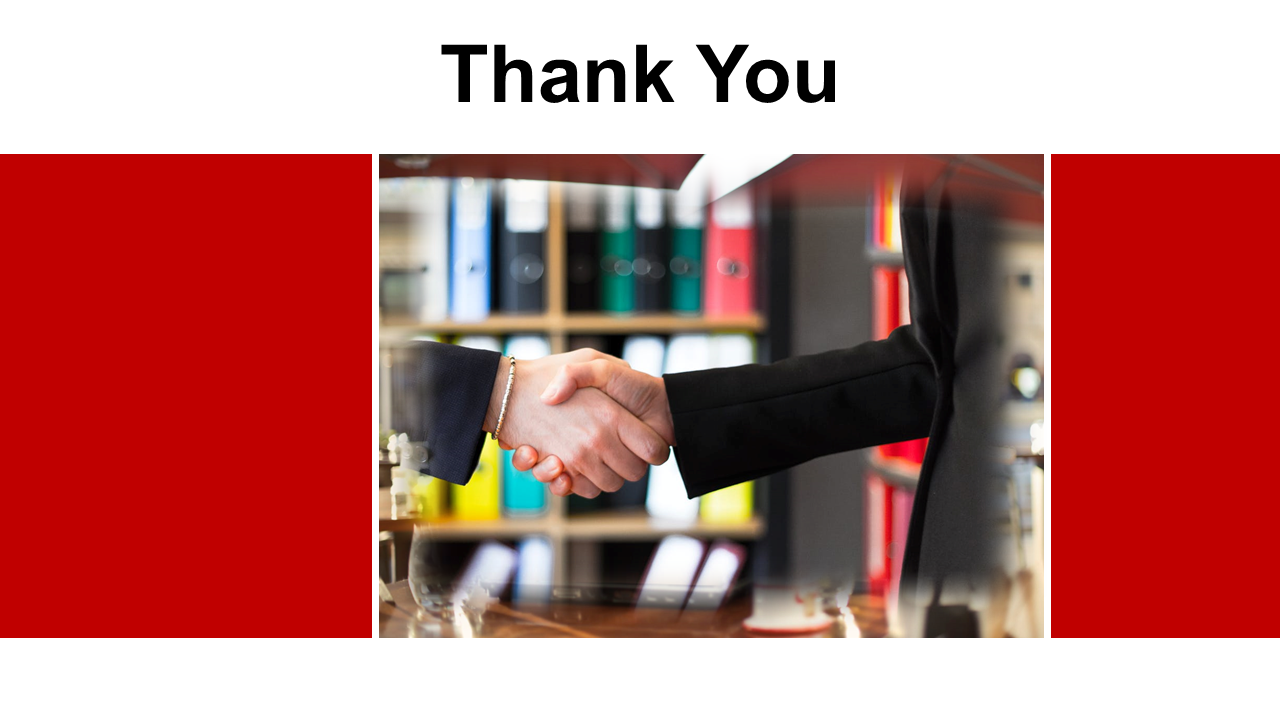 Centered handshake photo flanked by solid red blocks, with thank you text at the top on a white background.