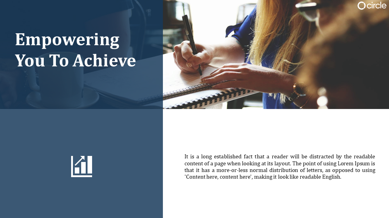 Blue overlay on the left with bold white heading and bar chart icon, right side has a photo of hands writing in a notebook.