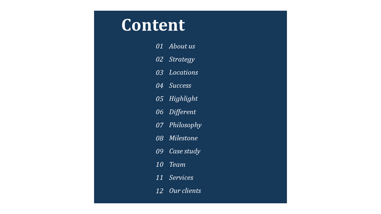 Centered dark blue rectangle on white background with a title and a vertical list of twelve content names.