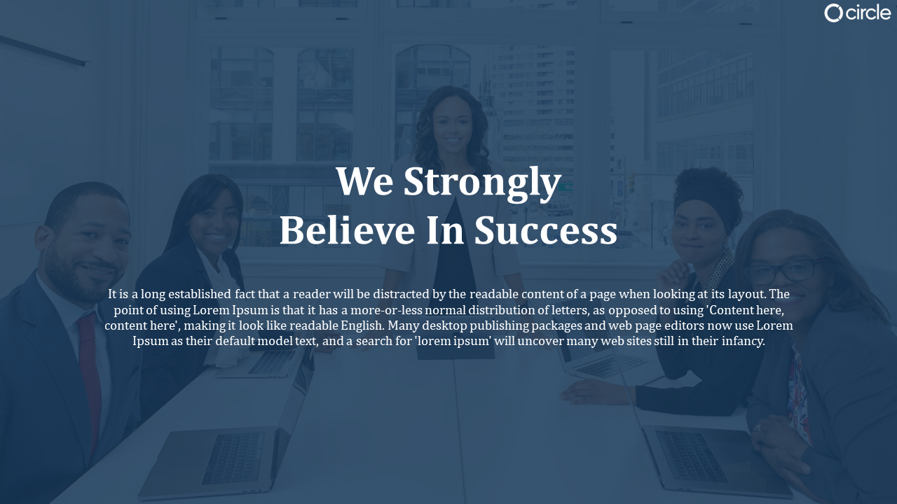 Centered white text on a blue tinted group photo of business professionals seated around a conference table.