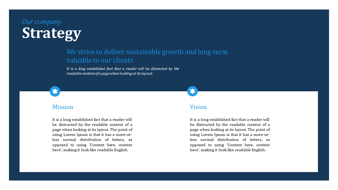 Two white content blocks with blue headers and icons, under a large bold title and subheading on a navy blue section.