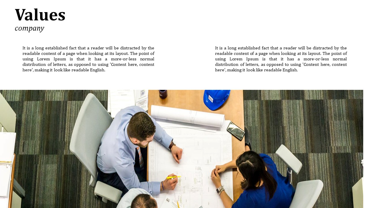 Split layout with text above and a photo of three people at a table with documents on a striped carpet background below.