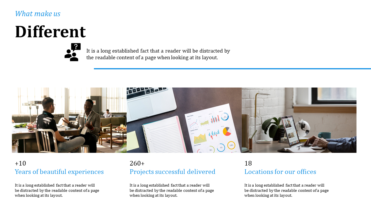 Top section with title, blue divider line, followed by a row of three photos and text blocks with numeric highlights.