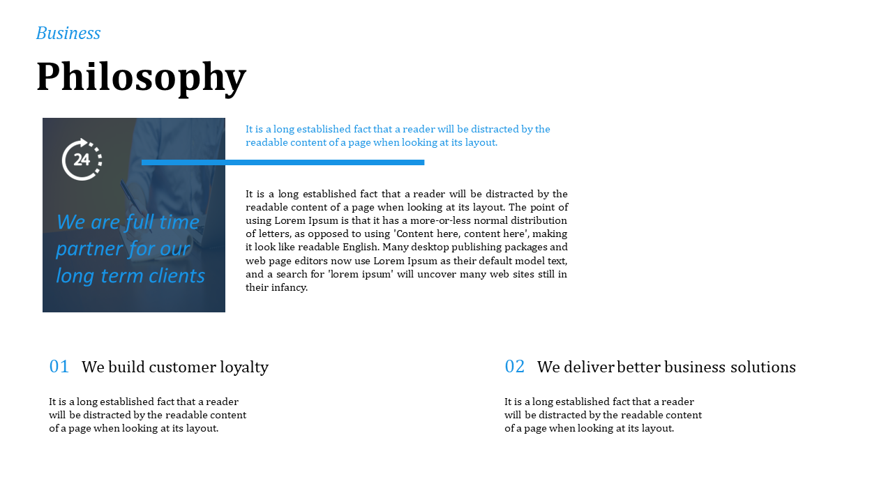 White background with black and blue text, a navy square on the left with icon, and two content blocks below.