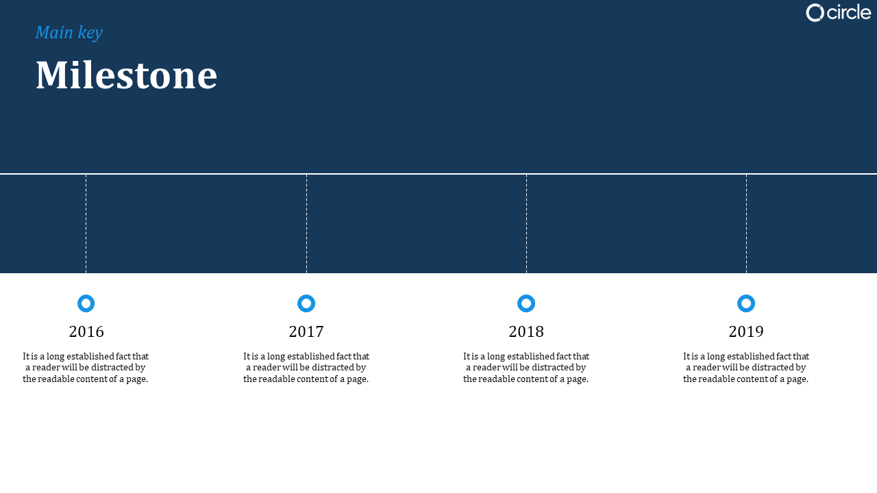 Horizontal dark blue and white split background with circular icons marking years from 2016 to 2019 in a dotted timeline.