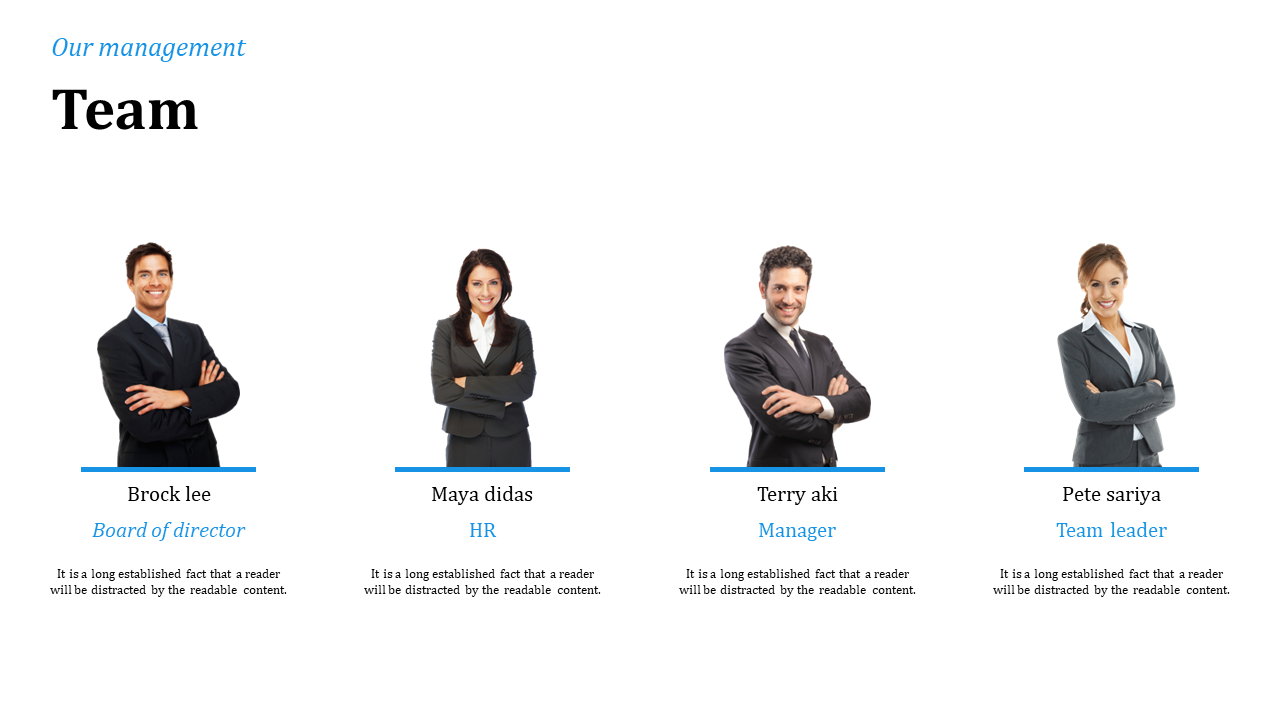 Four professional team members in business attire shown in a row, each labeled with name and role in a clean white layout.
