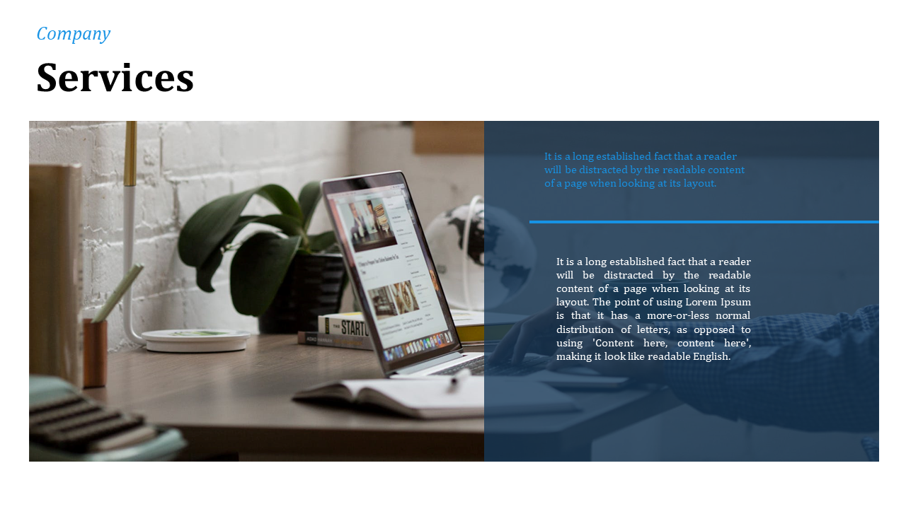 Split layout with a workspace desk photo on the left and a dark blue transparent box with white text on the right.