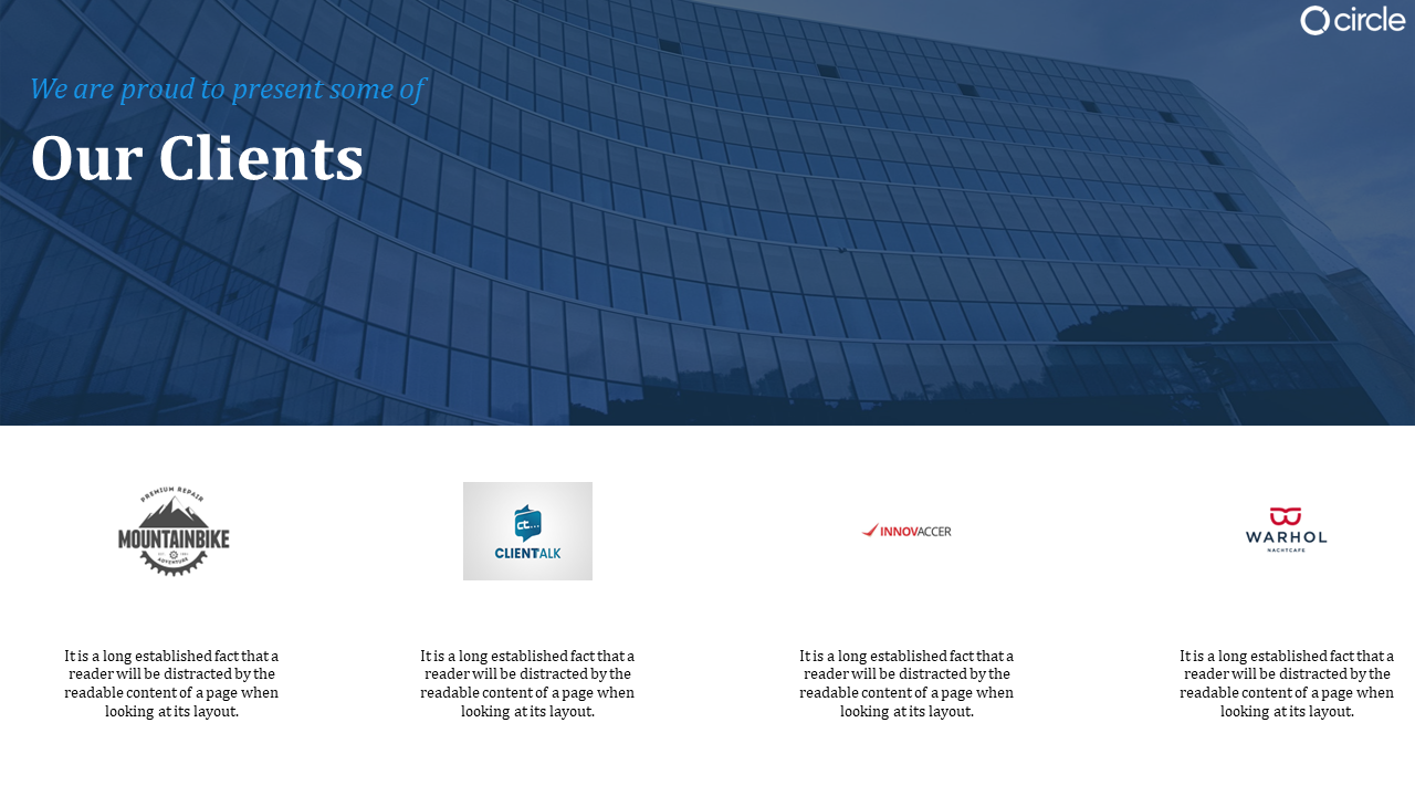 Curved glass building backdrop with dark blue overlay and four client logos aligned horizontally below the white section.